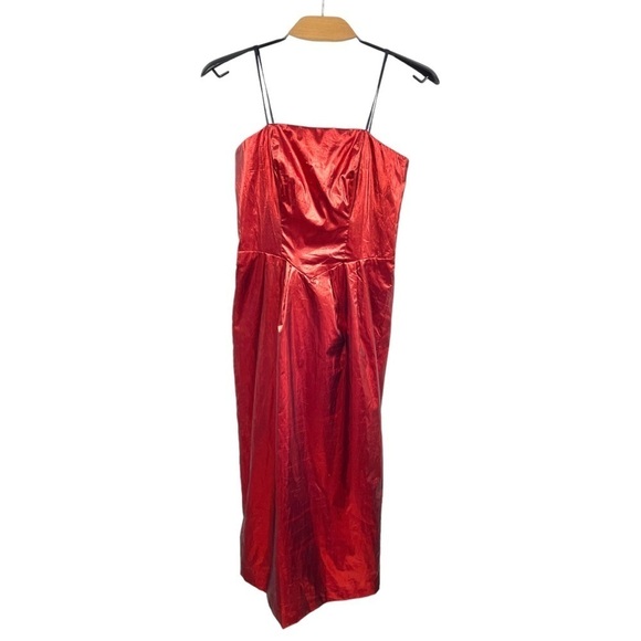Vintage 80s Collection Red Metallic Strapless Bow Back Frill Back Dress Size 7/8 - Picture 6 of 10